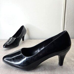 Pleaser Pointed Toe Block Heel Pumps Size 14 Black Patent Dressy Mid Heel Shoes